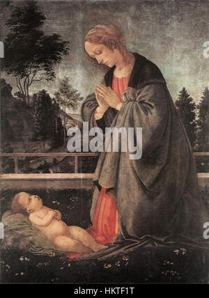 La peinture 'Adoration de l'enfant' de philippin représente le moment de l'adoration du Christ par les trois Sages. Exemple classique de l'art de la Renaissance, il met en valeur la maîtrise des philippins dans les thèmes et les figures religieux. L'œuvre capture un moment serein et divin, mettant l'accent sur l'innocence de l'enfant et la vénération des visiteurs. Banque D'Images