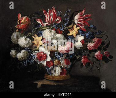'Flores en una cesta' est une peinture de nature morte mettant en vedette des fleurs dans un panier. Cette œuvre d'art capture la beauté délicate des éléments naturels avec des couleurs vives, mettant en valeur l'habileté de l'artiste à capturer les textures et le dynamisme de la vie. Banque D'Images