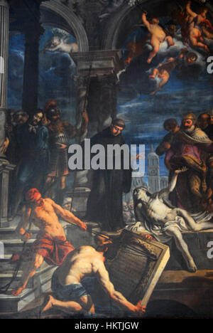 Miracolo di sant'antonio de Francesco Rosa (Miracolo di sant'antonio) est une peinture religieuse conservée dans la Basilique dei Frari à Venise. L’œuvre capture le moment miraculeux de Saint Antoine, mettant en valeur l’utilisation par Rosa de la lumière et de la couleur typiques de la période baroque. Banque D'Images