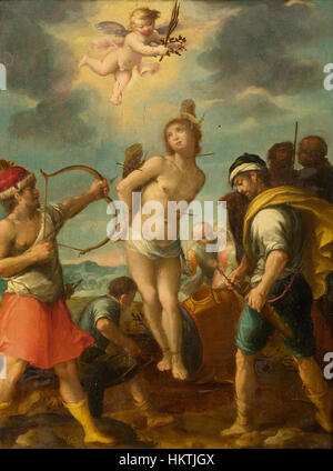 Ce tableau, attribué à Francesco Rustici, représente le martyre de Saint Sébastien. L'œuvre capture le moment dramatique et émotionnel de la souffrance de Saint Sébastien, un thème commun dans les religieux de la Renaissance compris Banque D'Images