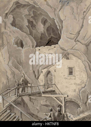 Cette peinture de Franz Kurz zum Thurn und Goldenstein représente *Ostanki starega gradu Predjama*, les ruines de l'ancien château de Predjama en Slovénie. L'image dépeint magnifiquement l'architecture médiévale et le paysage accidenté entourant le site historique. Banque D'Images