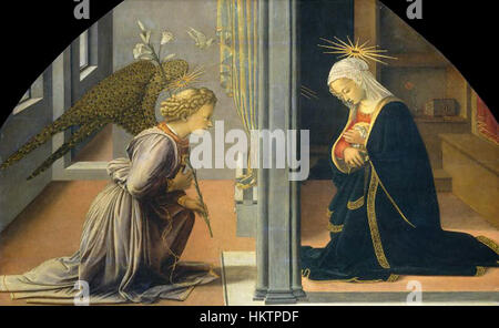 *L'Annonciation* de Fra Filippo Lippi est une peinture religieuse renommée du XVe siècle. Il représente le moment où l'ange Gabriel annonce à la Vierge Marie qu'elle portera le fils de Dieu. L'œuvre est célébrée pour sa composition sereine, ses figures détaillées et son utilisation de la lumière et de la perspective. Banque D'Images