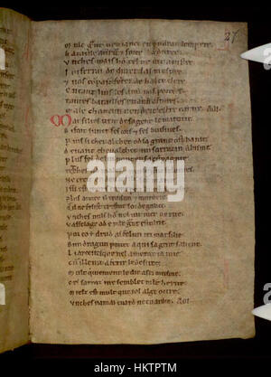 'La chanson de Roland', tenue dans les bibliothèques Bodleian, est un poème français épique du moyen âge. Cette page manuscrite (27r) représente un fragment important de l’œuvre historique. Banque D'Images