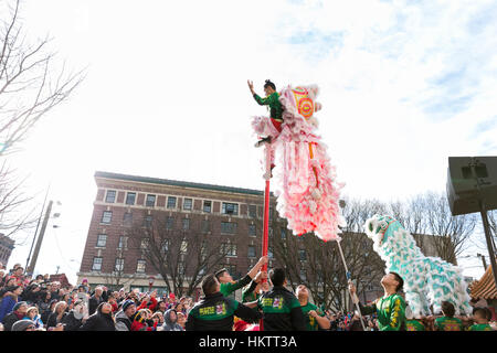 Seattle, USA. 29 janvier 2017. Les membres de la fai Mak Club Kung Fu effectuer une danse du lion lors de la célébration du Nouvel An lunaire 2017 Chinatown-International dans le district. Crédit : Paul Gordon/Alamy Live News Banque D'Images