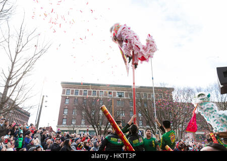 Seattle, USA. 29 janvier 2017. Les membres de la fai Mak Club Kung Fu effectuer une danse du lion lors de la célébration du Nouvel An lunaire 2017 Chinatown-International dans le district. Crédit : Paul Gordon/Alamy Live News Banque D'Images