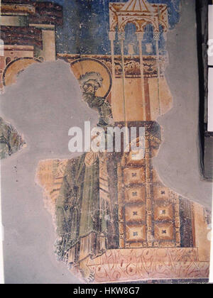 Cette fresque, intitulée 'Freska vo Sv. Georgij vo Kurbinovo' présente des scènes religieuses peintes au XIIe siècle dans l'église de George à Kurbinovo, Macédoine du Nord. La fresque est réputée pour son influence byzantine et ses représentations complexes d'histoires bibliques. Banque D'Images
