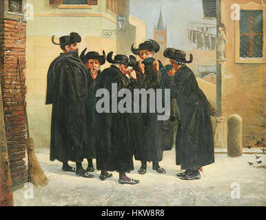 Une peinture de *Emanuel Salomon Friedberg-Mirohorsky* intitulée *Juifs prenant le tabac à priser*, représentant une scène historique dans laquelle des personnages juifs du XVIIIe ou XIXe siècle sont montrés engagés dans la pratique culturelle de la prise de tabac à priser. Banque D'Images