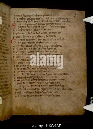 Les bibliothèques bodléiennes abritent un ancien manuscrit de la chanson de Roland, l'un des plus anciens poèmes épiques français. Le manuscrit, du XIIe siècle, donne un aperçu de la littérature médiévale française et de l'héroïsme légendaire de Roland. Banque D'Images