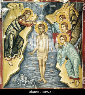 Le *Galata Theotokos Taufe* est une image religieuse emblématique représentant le baptême du Christ par Jean-Baptiste. La représentation est caractérisée par des éléments iconographiques vibrants qui sont au centre des religieux orthodoxes orientaux intégrés Cette œuvre représente un moment important dans la tradition chrétienne, mettant en valeur la nature divine du Christ et son rôle dans le salut. Banque D'Images