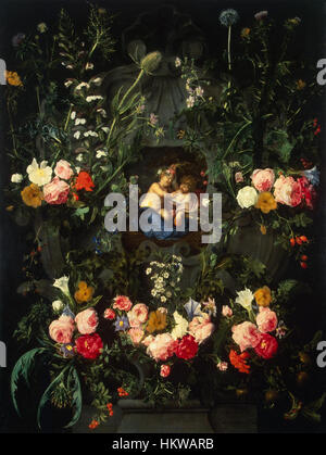 Ce tableau, créé par Daniel Seghers et Thomas Willeboirts Bosschaert, représente une délicate guirlande florale entourant un cartouche représentant le jeune Jésus et Jean le Baptiste. Il illustre magnifiquement l'accent mis par la période baroque sur les détails complexes et le symbolisme religieux. Banque D'Images