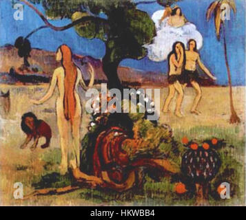 « Le Paradis perdu » de Paul Gauguin est une peinture à l'huile puissante, représentant un récit mythologique ou symbolique. L'œuvre explore les thèmes du paradis et de la perte, en utilisant des couleurs vibrantes et des pinceaux distincts pour évoquer l'émotion. C'est une pièce exemplaire du post-impressionnisme et se trouve dans des galeries ou des musées prestigieux du monde entier. Banque D'Images
