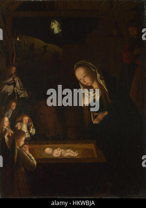 Geertgen tot Sint Jans 'la Nativité la nuit', créée vers 1490, représente la naissance du Christ dans un cadre serein et illuminé. L'utilisation de la lumière contraste avec le ciel nocturne sombre, mettant en évidence la scène sainte d'une manière magnifiquement détaillée. Banque D'Images