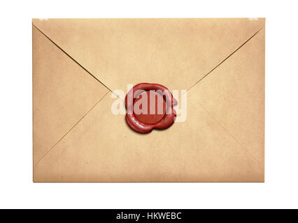 Vieille lettre enveloppe avec cachet de cire rouge isolé Banque D'Images
