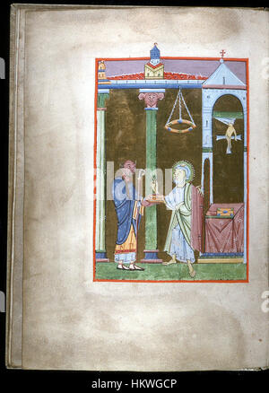 Cette feuille allemande des Évangiles, connue sous le nom de Walters W79V, présente des illustrations religieuses complexes et des manuscrits. Le revers ouvert montre des images détaillées et des scripts, offrant un aperçu de l'art chrétien médiéval. C'est un excellent exemple d'art religieux du moyen âge, mettant en valeur des textes et des œuvres d'art chrétiens primitifs. Banque D'Images