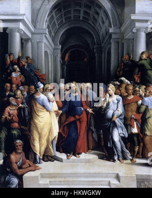 *Christ et l'Adulteress* de Benvenuto Tisi da Garofalo est une peinture religieuse représentant la scène biblique dans laquelle le Christ intervient dans la lapidation d'une femme adultère. La pièce illustre l'approche dramatique de la Renaissance italienne aux thèmes religieux et à la narration. Banque D'Images