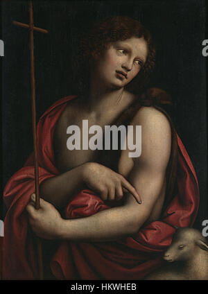 San Juan Bautista de Giampietrino est une peinture inspirée de la Renaissance représentant Saint Jean Baptiste. La pièce capture les thèmes spirituels et religieux de l’époque avec des détails délicats et des techniques raffinées. Banque D'Images