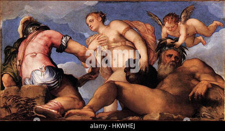 *Vénus entre mars et Neptune*, peinte par Gian Battista Zelotti, représente la déesse romaine Vénus au milieu des dieux mars et Neptune. L'œuvre de style Renaissance reflète la mythologie classique et l'interaction divine. Banque D'Images