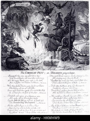 La gravure satirique de James Gillray « The Corsican-Pest » dépeint avec humour Napoléon Bonaparte comme une peste sur l'Europe. L'article est un commentaire critique sur les campagnes militaires de Napoléon et son impact sur la politique européenne pendant les guerres napoléoniennes. Banque D'Images
