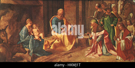 *Adoration des Mages* par Giorgione est un chef-d'œuvre de la Renaissance représentant les trois rois présentant des cadeaux à l'enfant Jésus. La peinture est remarquable pour son utilisation de la lumière, des couleurs et des paysages naturels en arrière-plan, reflétant le style innovant de Giorgione. Banque D'Images
