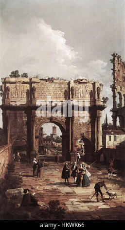 Giovanni Antonio canal, connu sous le nom de Canaletto, capture la grandeur de l'Arc de Constantin à Rome dans ce tableau du XVIIIe siècle. L'œuvre met en valeur l'habileté de Canaletto à représenter des monuments architecturaux, avec des détails complexes et un accent sur la lumière et l'ombre. Banque D'Images