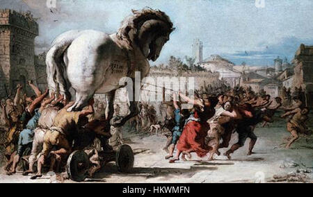 La peinture de Giovanni Domenico Tiepolo « procession du cheval de Troie à Troie » capture le moment dramatique et mythique de l'entrée du cheval de Troie dans la ville. L'œuvre mêle mythologie et composition vivante. Banque D'Images