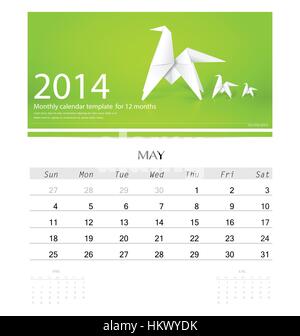 2014, calendrier mensuel modèle pour mai (Origami Papier design cheval). Vector illustration. Illustration de Vecteur
