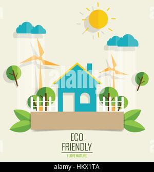 ECO FRIENDLY. Ecology concept avec ville verte et les arbres. Vector illustration. Illustration de Vecteur