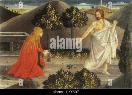 Une peinture de Giuliano Amidei intitulée 'Noli me Tangere', représentant le moment biblique où Jésus dit à Marie-Madeleine de ne pas le toucher après sa résurrection. L'œuvre capture l'intensité émotionnelle de la scène avec des détails fins et l'utilisation de la lumière. Banque D'Images