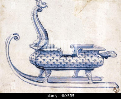 Ce croquis de Giuseppe Arcimboldo, célèbre pour ses compositions de portraits imaginatives, montre un dessin pour un traîneau. Son travail illustre l’approche novatrice de la fusion de l’art avec des objets fonctionnels à la Renaissance. Banque D'Images