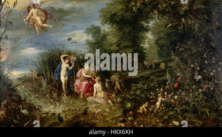 Cette peinture de Jan Brueghel I et Hendrick van Balen, intitulée « L’abondance et les quatre éléments », explore les thèmes de la générosité de la nature et le concept classique des quatre éléments : la terre, l’air, le feu et l’eau. Les artistes utilisent des détails riches et des couleurs vibrantes pour représenter l'harmonie de ces forces naturelles dans un cadre allégorique. Banque D'Images