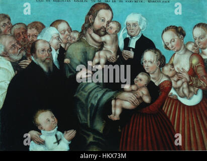 Christ bénissant les enfants, une peinture de l’atelier de Lucas Cranach le Jeune, un artiste de la Renaissance allemande, présentant une scène du Christ bénissant les enfants d’une manière compatissante. Banque D'Images