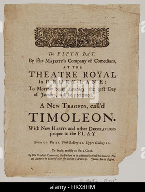 Les bibliothèques Bodleian, Playbill de Drury Lane Theatre, samedi, le 31e jour de janvier 1730, l'annonce de Timoleon &c. Banque D'Images