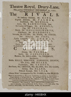 Les bibliothèques Bodleian, Playbill de Drury Lane Theatre, le jeudi 30 novembre 1797, annonçant les rivaux &c. Banque D'Images