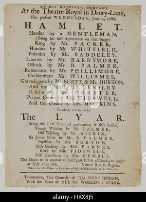 Les bibliothèques Bodleian, Playbill de Drury Lane Theatre, le mercredi 4 juin 1788, annonçant Hamlet &c. Banque D'Images