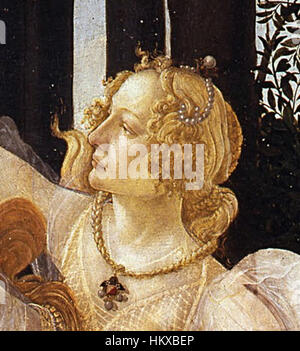 Cette image recadrée de 'Primavera' de Sandro Botticelli se concentre sur Simonetta Vespucci, la figure centrale du tableau, symbolisant la beauté et la grâce. L’œuvre est l’un des exemples les plus célèbres de l’art de la Renaissance italienne, riche en symbolisme mythologique et en signification allégorique. Banque D'Images