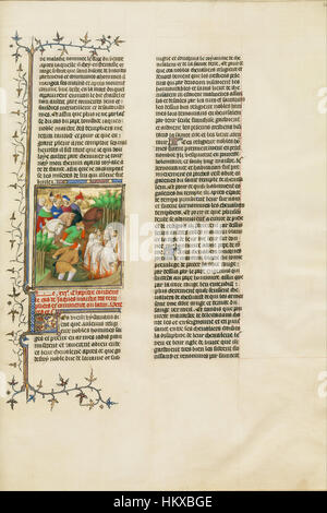 Ce manuscrit enluminé du maître Boucicaut représente l'exécution des Templiers devant le roi Philippe le Bel et ses courtisans. Il illustre un événement dramatique et significatif de l'histoire médiévale. Banque D'Images