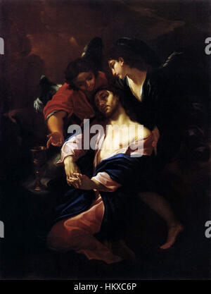 La peinture de Giacinto Brandi 'Christ dans le jardin de Gethsémani' datant d'environ 1650 dépeint la scène biblique avec une émotion dramatique. La maîtrise de brandi dans la capture de la tension et de la solennité de ce moment charnière de l’histoire chrétienne est évidente dans la composition minutieuse, l’utilisation de la lumière et de l’ombre, et l’intensité des expressions des figures. Banque D'Images