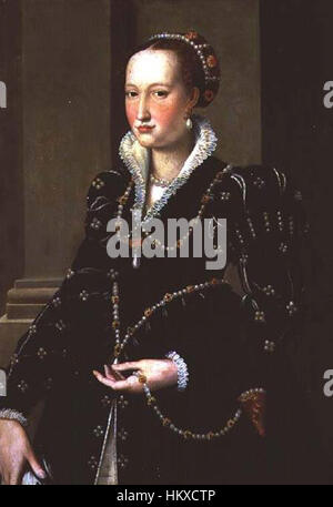 Ce portrait du XVIe siècle réalisé par Agnolo Bronzino représente Laudomia de Médicis, membre de l'influente famille Médicis. La peinture capture son statut noble et sa tenue détaillée, mettant en valeur l'opulence et l'élégance de la Renaissance italienne. Banque D'Images