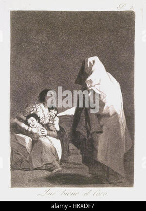 Here Comes the Bogey-Man de Francisco de Goya (que viene el Coco) représente une scène sombre et émotionnelle où une figure met en garde contre une créature effrayante, une figure commune dans le folklore espagnol. La peinture fait partie des œuvres ultérieures de Goya, mettant en valeur son exploration de thèmes psychologiques et de commentaires sociaux. Banque D'Images