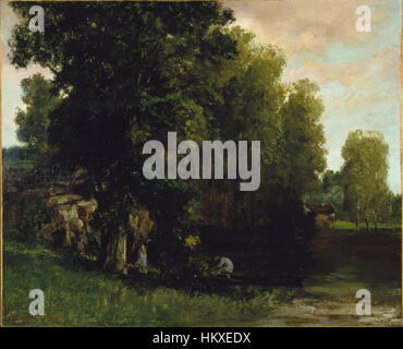 *The Edge of the Pool (au bord de l'étang)* de Gustave Courbet dépeint une scène de paysage sereine, mettant en valeur le talent de Courbet dans le réalisme et son attention à la beauté naturelle. La peinture reflète l’engagement de l’artiste à capturer le monde naturel d’une manière réaliste. Banque D'Images