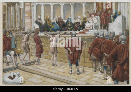 *Le jugement sur le Gabbatha* de James Tissot représente le moment du jugement du Christ devant Ponce Pilate. Cette peinture, qui fait partie de la série *la vie du Christ* de Tissot, reflète la tension émotionnelle de la scène avec des figures détaillées et une composition dramatique. Banque D'Images