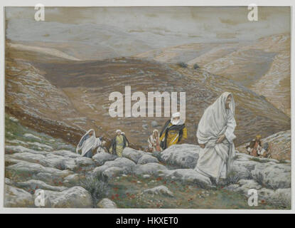 La peinture de James Tissot 'avec l'approche de la Pâque, Jésus monte à Jérusalem' représente une scène du Nouveau Testament, capturant le voyage de Jésus à Jérusalem avant la Pâque. L'œuvre met en valeur le style complexe de Tissot et l'attention portée aux détails historiques et religieux. Banque D'Images