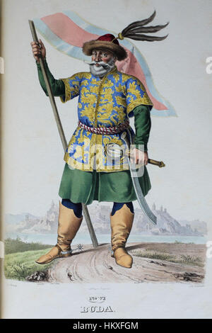 Une lithographie intitulée « Buda » présente une vue détaillée de la ville de Buda, aujourd'hui partie de Budapest, en Hongrie, mettant l'accent sur ses monuments historiques et son paysage urbain, présentant la beauté architecturale de la région. Banque D'Images