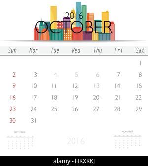 Calendrier 2016 avec Creative building design, modèle de calendrier mensuel pour octobre. Vector illustration. Illustration de Vecteur