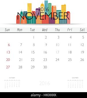 Calendrier 2016 avec Creative building design, modèle de calendrier mensuel pour novembre. Vector illustration. Illustration de Vecteur