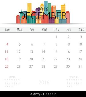 Calendrier 2016 avec Creative building design, modèle de calendrier mensuel pour décembre. Vector illustration. Illustration de Vecteur