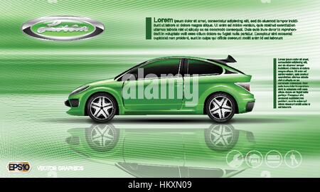 Vecteur numérique modèle voiture berline vert avec 2 sièges et noir windows immersive, votre marque, prêt pour la publicité imprimée ou la conception de votre magazine. Lignes et de stripes retour Illustration de Vecteur