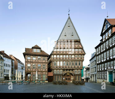 Et Bäckeramtshaus Knochenhaueramtshaus historique, maisons à colombages sur la place du marché, Hildesheim, Basse-Saxe, Allemagne Banque D'Images