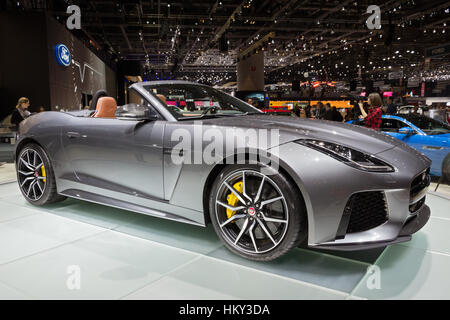 Genève, Suisse - 1 mars 2016 : Nouvelles 2017 Jaguar F-type convertible DVS présenté à la 86ème Salon Automobile International de Genève à Palexpo, Genève. Banque D'Images