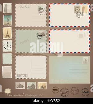 Vector set : Vintage postcard conçoit, enveloppes et timbres. Illustration de Vecteur